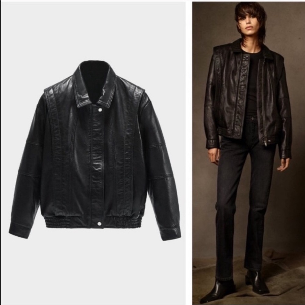 Zara Black Oversized Leather Bomber Jacket - Picture 9 of 10